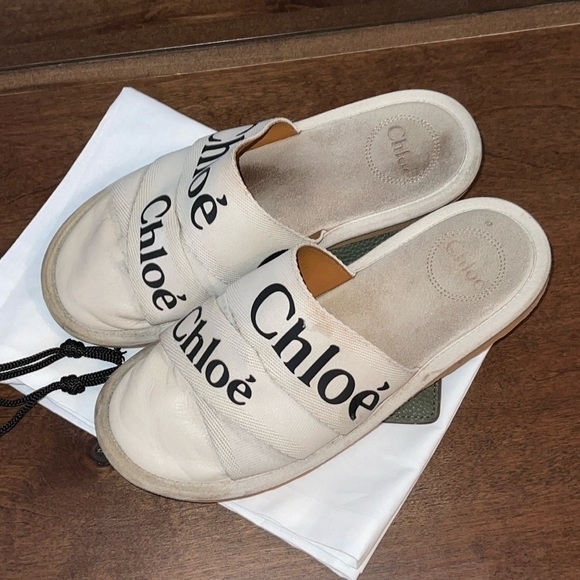 CHLOE WOODY LOGOED CANVAS & LEATHER WHITE MULE SLIPPERS Sz. 38/ US 8 - Picture 6 of 17